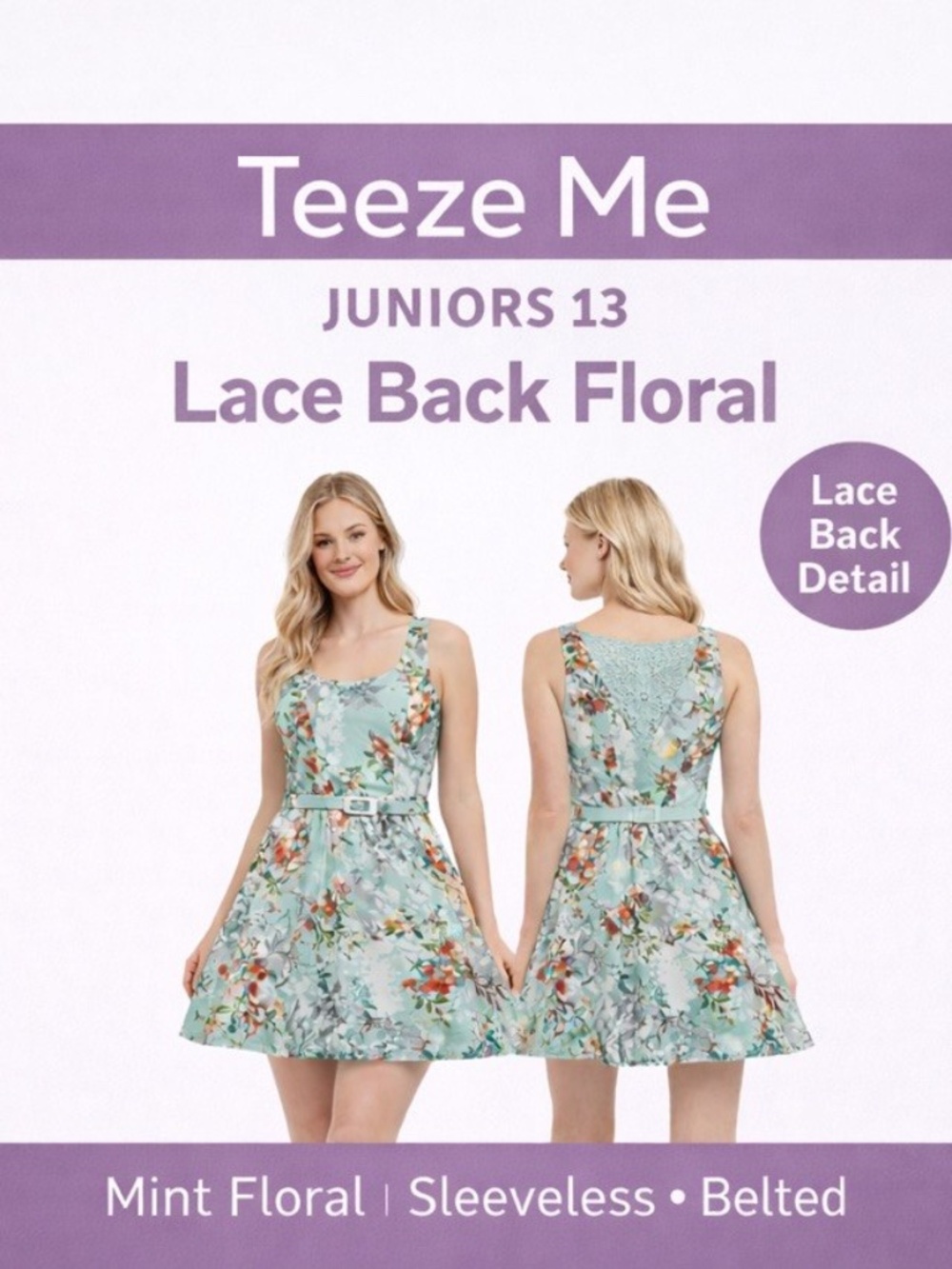NWT Teeze Me Juniors Lace Back Sleeveless Fit&Flare Floral Dress in Mint 13/14 - Picture 16 of 16